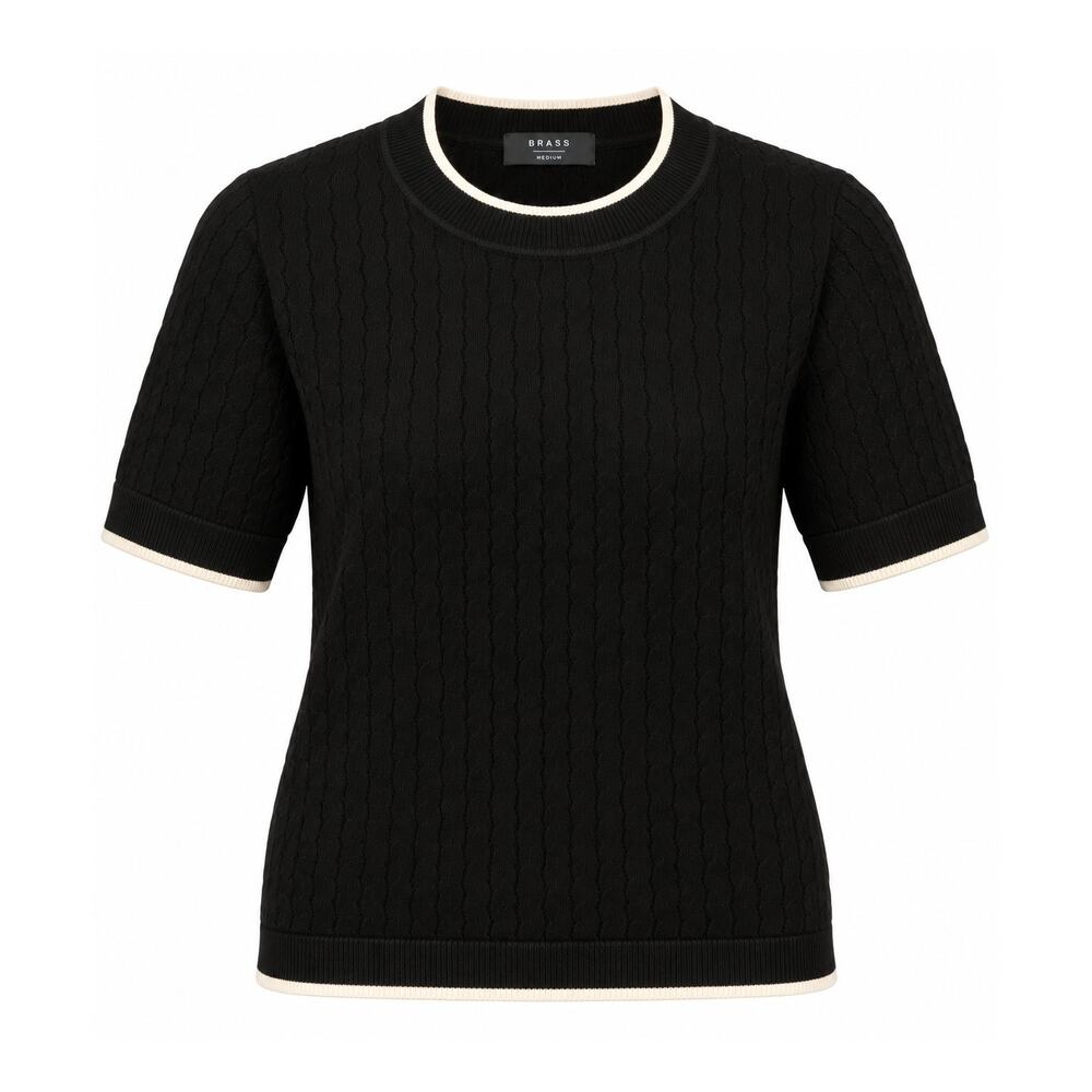 BRASS Black Pointelle Knit Sweater Top Cream Trim Preppy Minimalist Medium